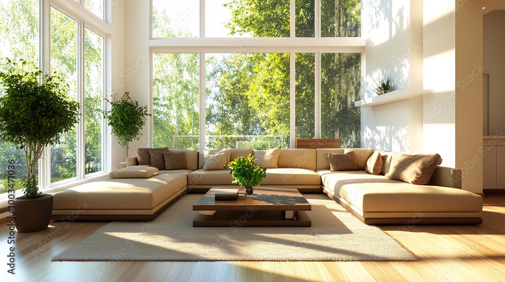 Modern living room with large windows overlooking a lush garden. Modern living room with large windows overlooking a lush garden.