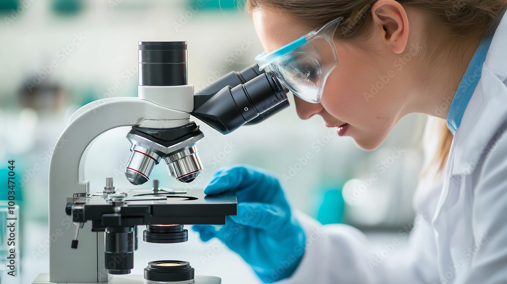 Scientist woman adjusting microscope focus in laboratory setting Scientist woman adjusting microscope focus in laboratory setting