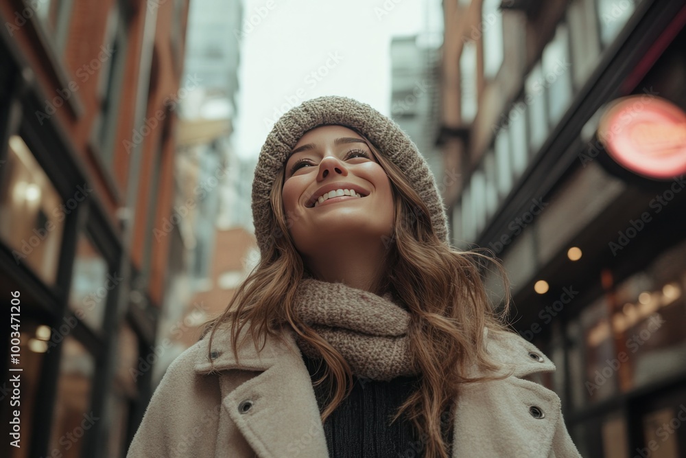 Fototapeta premium Smiling Woman in Urban Setting with Winter Fashion