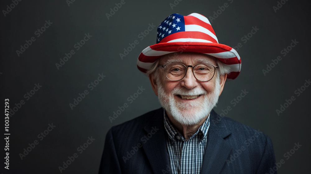 Older man wearing a red white blue American flag hat studio senior voter political election Older man wearing a red white blue American flag hat studio senior voter political election