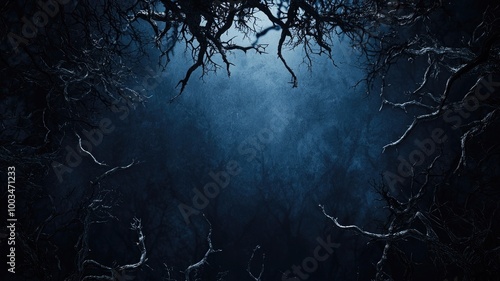 A dark and eerie forest with bare branches silhouetted against a blue and misty background.