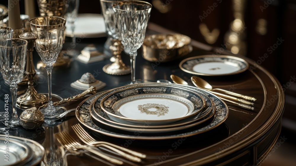 A luxury table setting with silverware and gold accents, showcasing the perfect blend of refinement and style. A luxury table setting with silverware and gold accents, showcasing the perfect blend of refinement and style.
