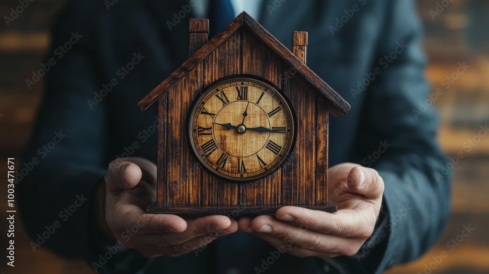 custom made wallpaper toronto digitalMan Holding Wooden House Clock Time Management Concept