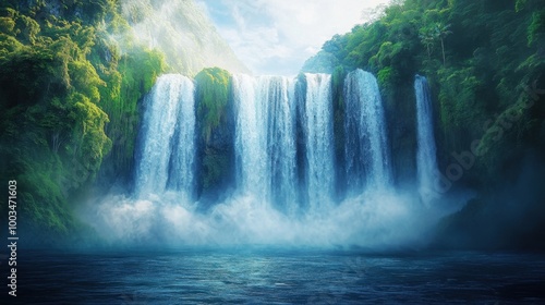 A majestic waterfall surrounded by tropical greenery, mist swirling in the air as the water crashes into a deep pool below. Realistic, highly detailed