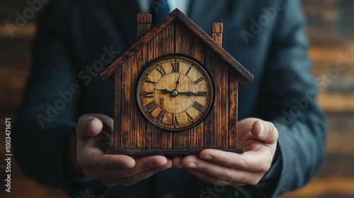 Wallpaper Mural Man Holding Wooden House Clock Time Management Concept Torontodigital.ca