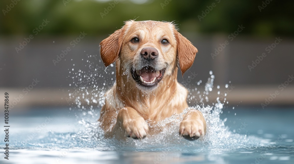 Happy dog jumping in the pool, enjoying summer splashes and fun. Happy dog jumping in the pool, enjoying summer splashes and fun.