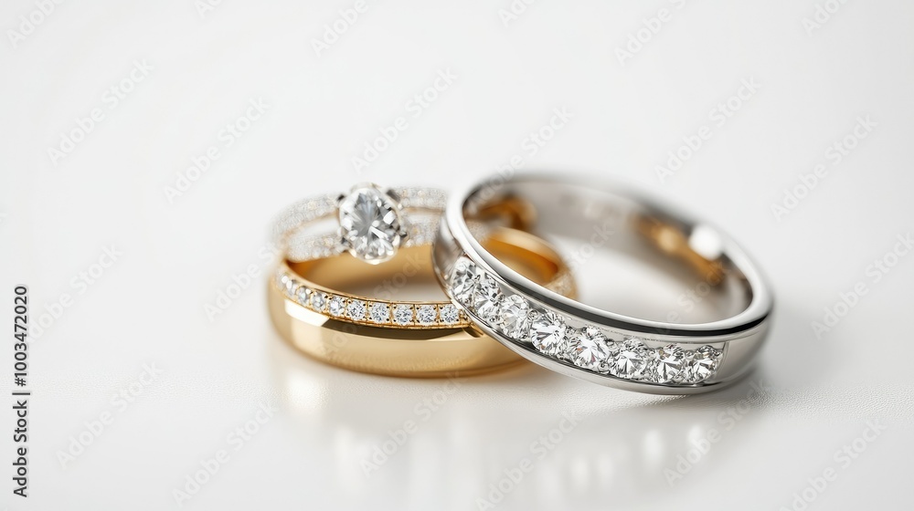 Close-up of gold and silver diamond wedding rings, elegantly placed on a white background, shining in the light. Close-up of gold and silver diamond wedding rings, elegantly placed on a white background, shining in the light.
