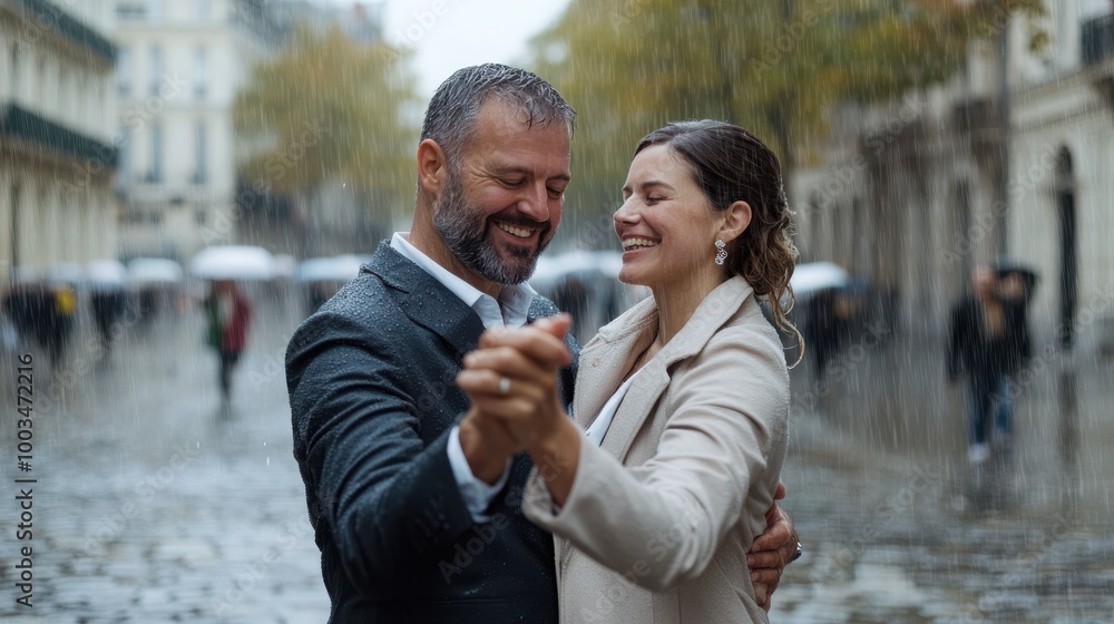 Couple dancing joyfully in the rain on a city street, expressing love and happiness.
