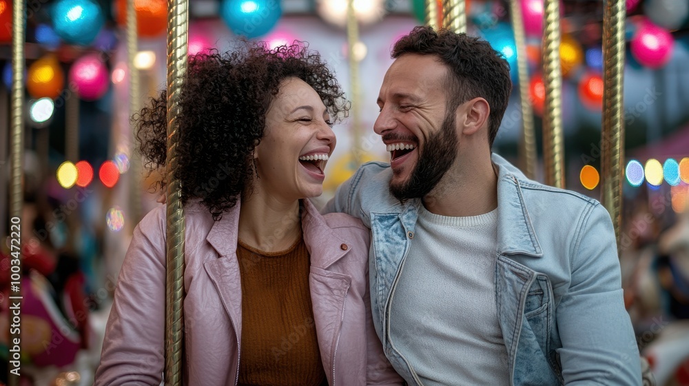 Fototapeta premium Happy couple enjoying a fun moment at a carnival with colorful lights.