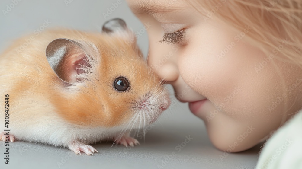 Child interacting gently with a small hamster, soft expressions and calm atmosphere. Child interacting gently with a small hamster, soft expressions and calm atmosphere.