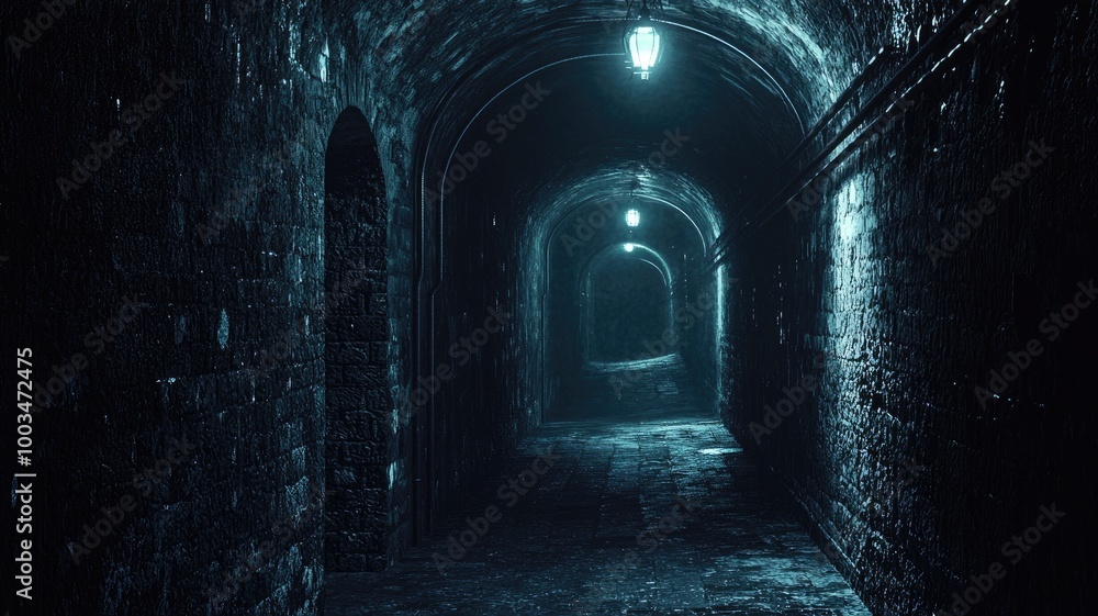 A Dark and Narrow Stone Tunnel Illuminated by Faint Lights A Dark and Narrow Stone Tunnel Illuminated by Faint Lights
