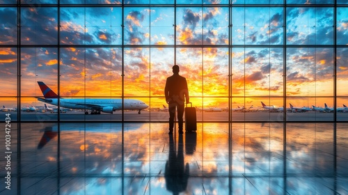 Silhouette of a man with luggage at airport with sunset view.