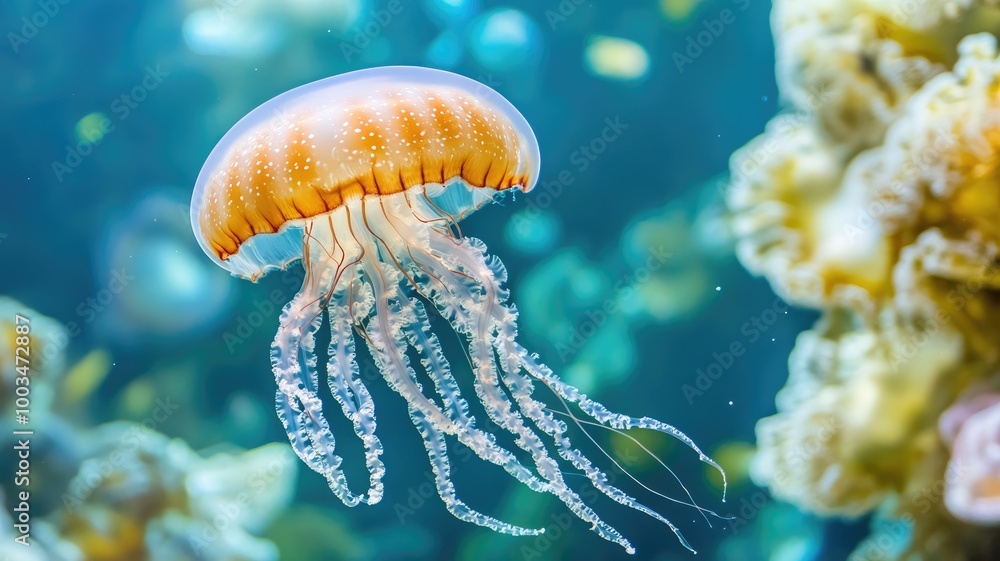 Naklejka premium Bioluminescent jellyfish floats gracefully underwater near coral reefs