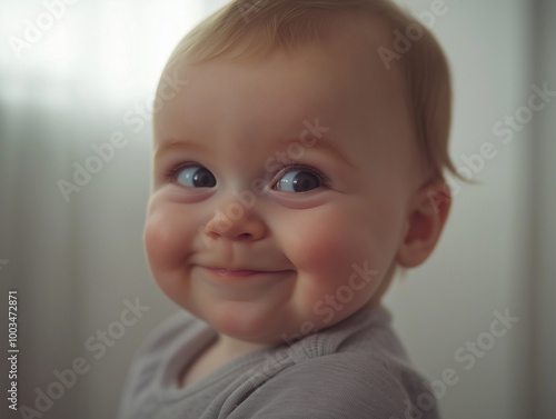 A close-up of a baby’s face with a mischievous grin, looking off to the side as if planning something funny or sneaky