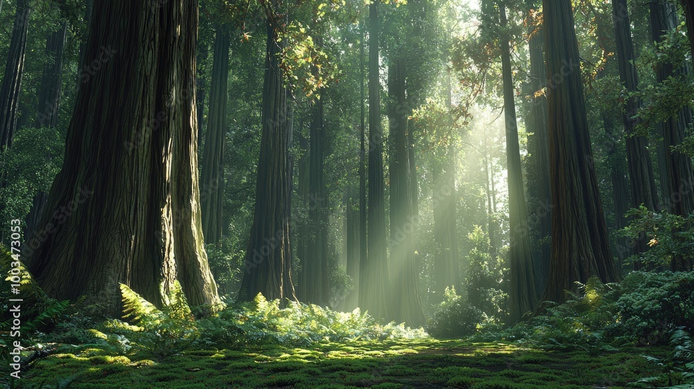 Obraz premium Sunbeams Illuminating a Lush Forest Path