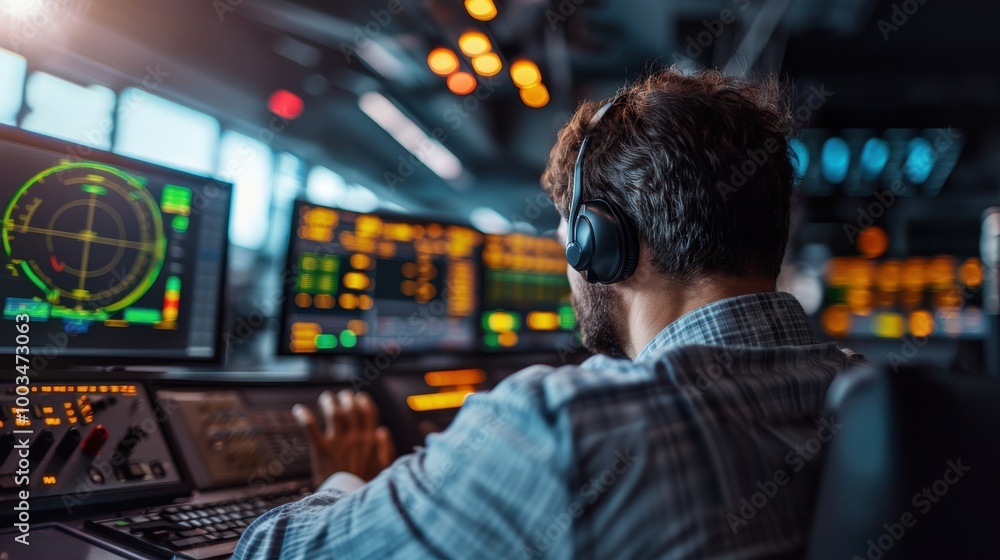 Air traffic controller working in control tower. Air traffic controller working in control tower.
