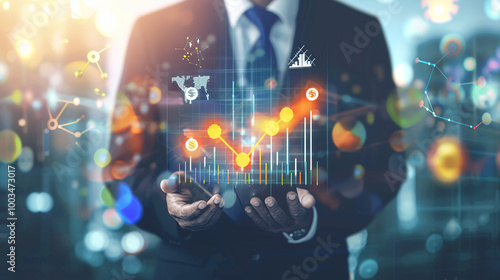 Businessman in a suit holding a glowing digital screen with a rising graph, symbolizing healthcare investment growth, set against a blurred backdrop of financial charts and medical icons.