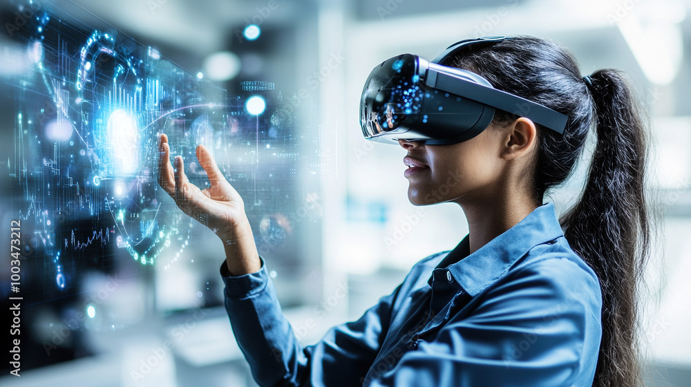 Close-up of a female scientist wearing VR glasses, interacting with holographic data and charts in a futuristic lab, captured with a wide-angle lens in a bright, high-tech environment. Close-up of a female scientist wearing VR glasses, interacting with holographic data and charts in a futuristic lab, captured with a wide-angle lens in a bright, high-tech environment.