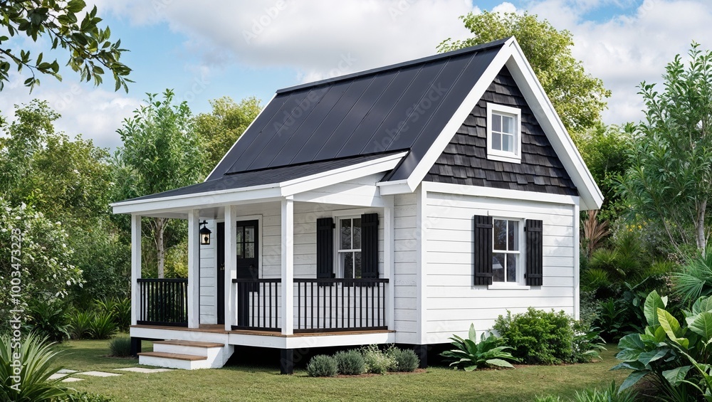 a charming, small, wooden house with a steep, dark grey shingled roof, nestled among lush green foliage and trees. a charming, small, wooden house with a steep, dark grey shingled roof, nestled among lush green foliage and trees.