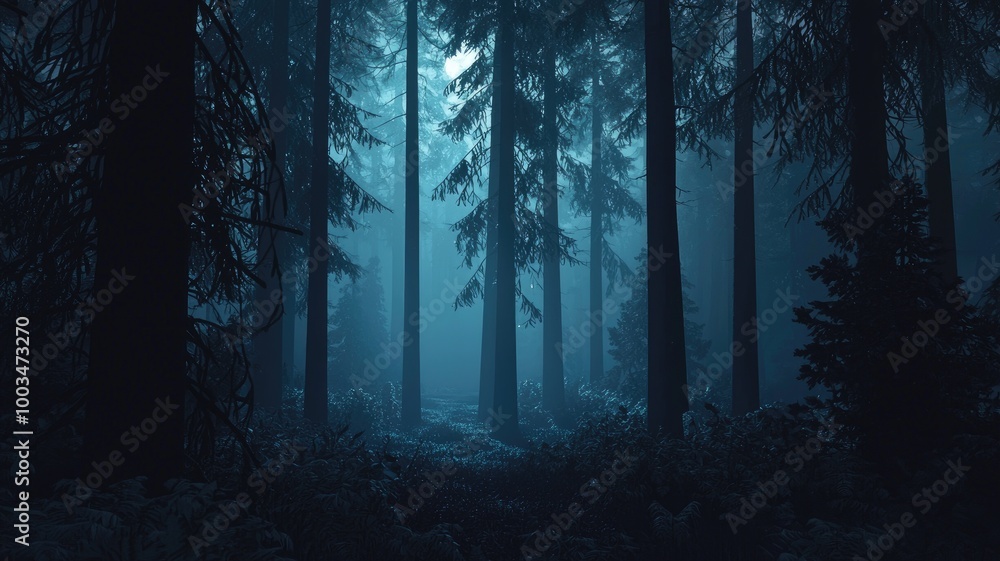 Naklejka premium A Moonlit Forest Path Through Silhouetted Trees and Fog