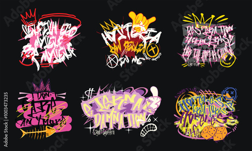 Graffiti vector set. street style designs bundle for t-shirt design. Urban graphic t shirt, graffiti typography t shirt designs collection. Street art for print.