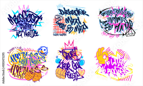 Graffiti vector bundle. street style designs set for t-shirt design. Urban graphic t shirt, graffiti typography t shirt designs collection. Street art for print.