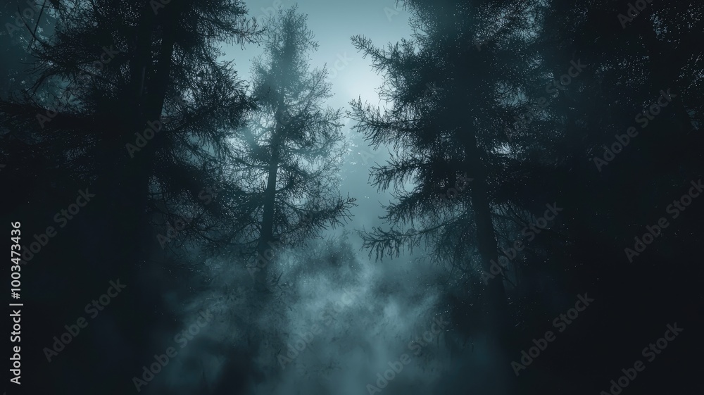 Fototapeta premium A Glimmer of Light Through Dense Fog in a Dark Forest