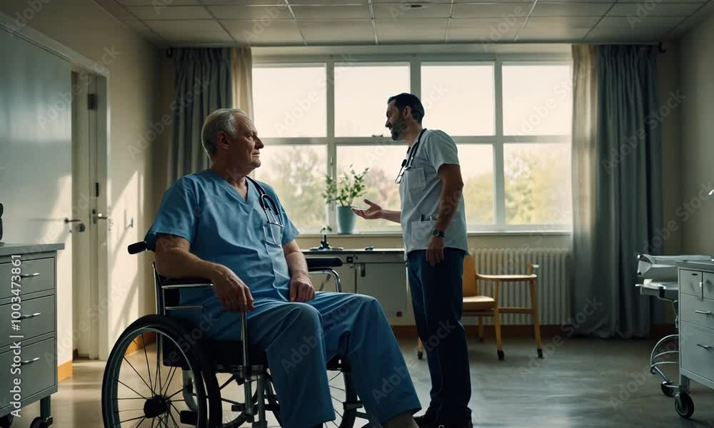 Realistic hospital scene with a man in a wheelchair and a nurse having a conversation Realistic hospital scene with a man in a wheelchair and a nurse having a conversation