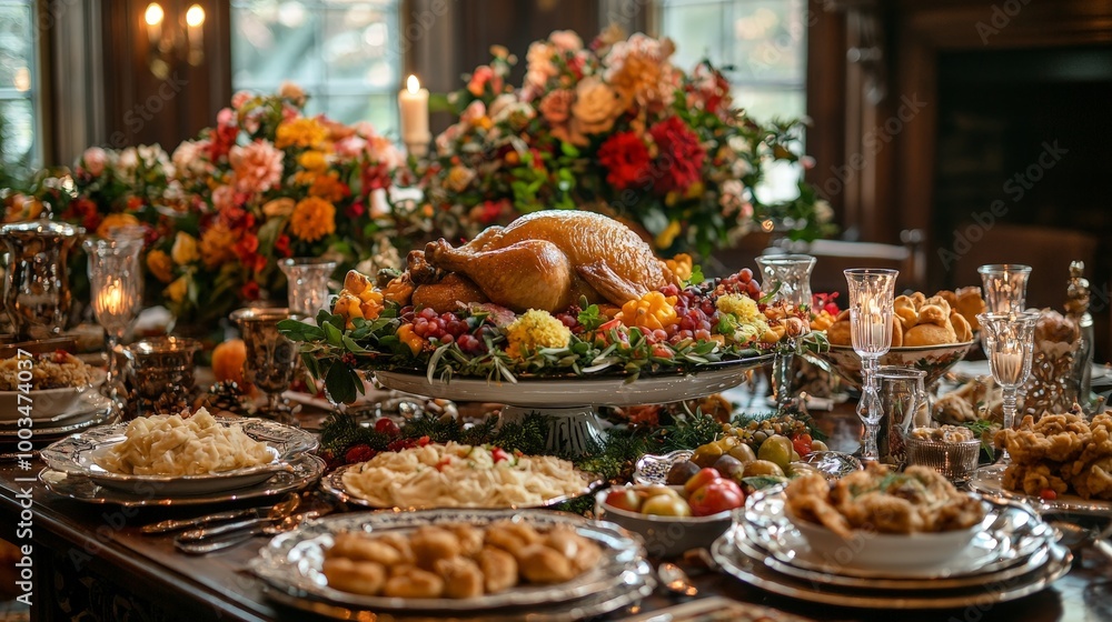 A festive dining table adorned with a bountiful Thanksgiving feast and floral arrangements. A festive dining table adorned with a bountiful Thanksgiving feast and floral arrangements.