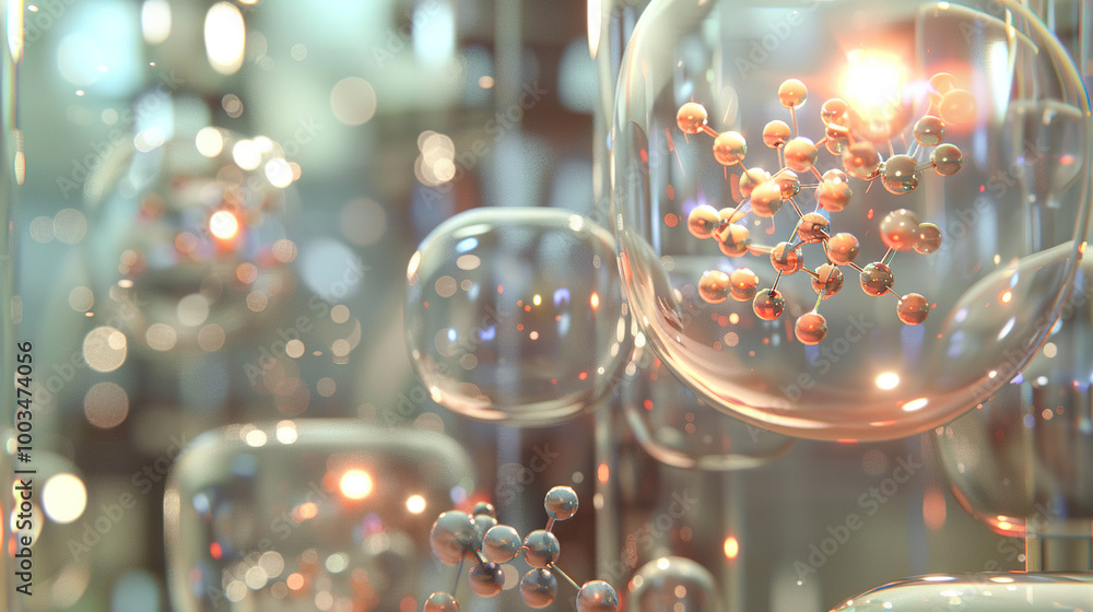 Microscopic view of particles decaying into smaller fragments, glowing ...