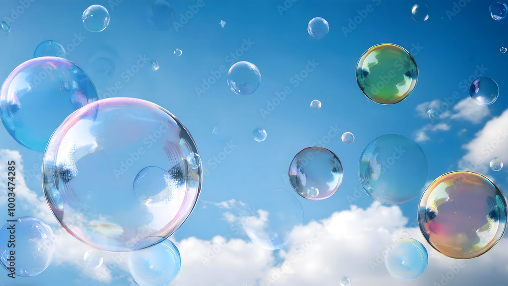 Abstract Background With various color of bubble flying through air in blue sky Abstract Background With various color of bubble flying through air in blue sky