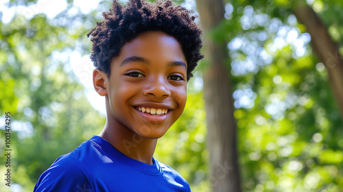 A happy Black boy with curly hair jogging outdoors in a blue running shirt, smiling at the camera with sunlight on his face, surrounded by lush green trees and a clear sky.