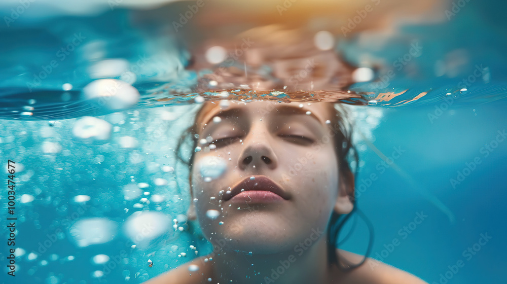 A person underwater with eyes closed, holding their breath as bubbles rise around them in crystal-clear water. The blurred background emphasizes the serene moment and the subject’s tranquility. A person underwater with eyes closed, holding their breath as bubbles rise around them in crystal-clear water. The blurred background emphasizes the serene moment and the subject’s tranquility.