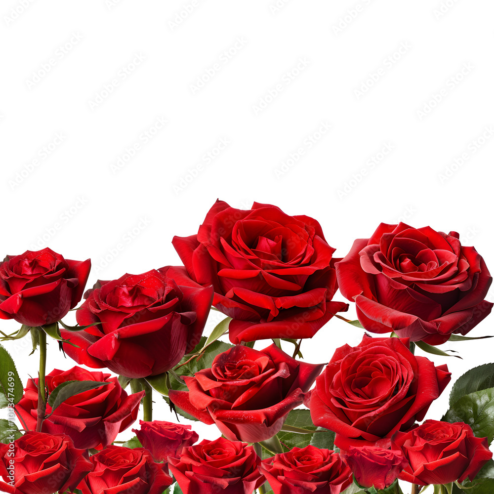 Obraz premium A bouquet of beautiful red roses, perfect for weddings, Valentine's Day, or romantic celebrations, symbolizing love and beauty with vibrant floral blooms