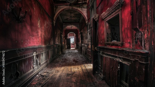 Abandoned Red Corridor with Decaying Walls and Floor