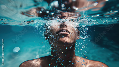 A person underwater with eyes closed, holding their breath as bubbles rise around them in crystal-clear water. The blurred background emphasizes the serene moment and the subject’s tranquility.