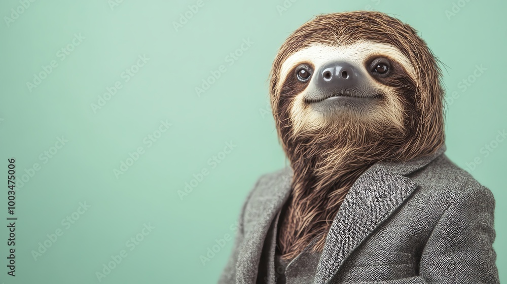 Fototapeta premium A charming sloth dressed in a suit, exuding a laid-back yet sophisticated vibe against a pastel green background.