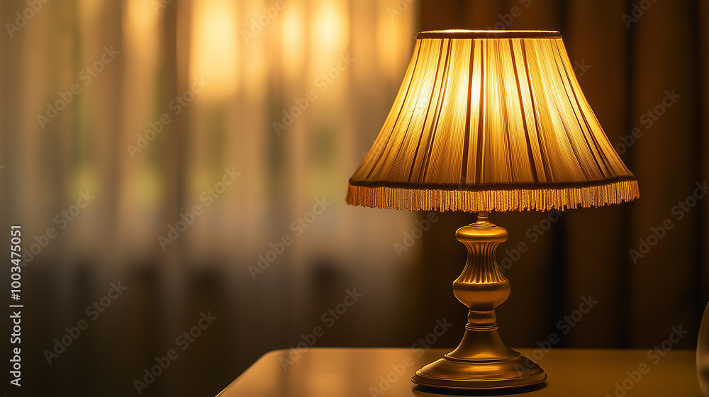 Elegant gold table lamp illuminating a room at sunset