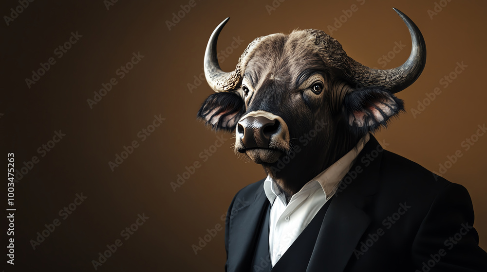 A creative portrayal of a buffalo dressed in a formal suit, blending elegance with wild charm in an artistic composition. A creative portrayal of a buffalo dressed in a formal suit, blending elegance with wild charm in an artistic composition.