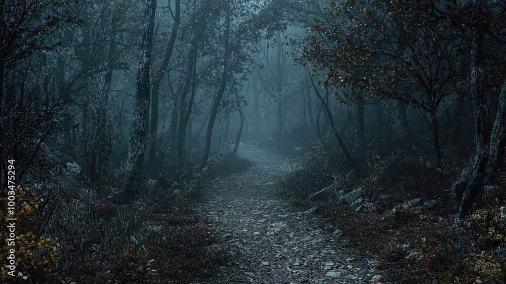 Obraz premium A Misty Forest Path Through Tall Trees