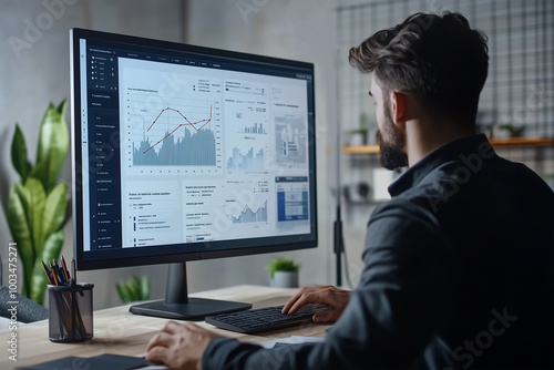 A businessman sits in front of computer looking at the growth graph of his Amazon E-commerce ad sales