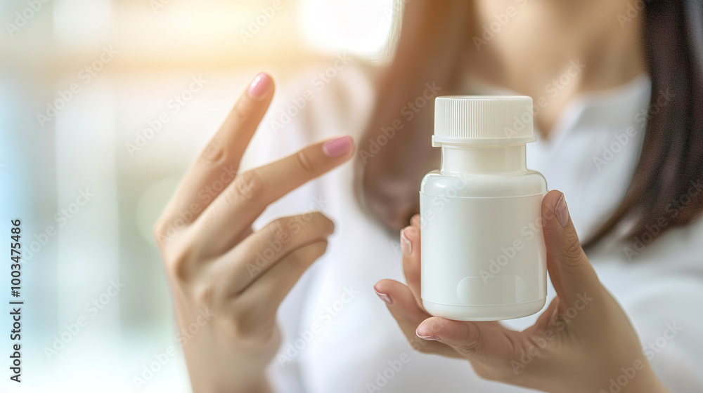 A determined woman holding a small bottle of weight-loss pills, focusing intently on the product. The scene is set in a minimalist, well-lit room with a blurred background and soft lighting, emphasizi A determined woman holding a small bottle of weight-loss pills, focusing intently on the product. The scene is set in a minimalist, well-lit room with a blurred background and soft lighting, emphasizi