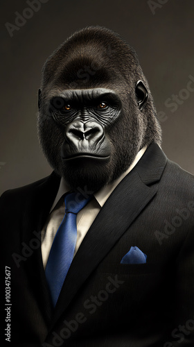 A striking image of a gorilla dressed in a suit, showcasing a unique blend of power and sophistication.