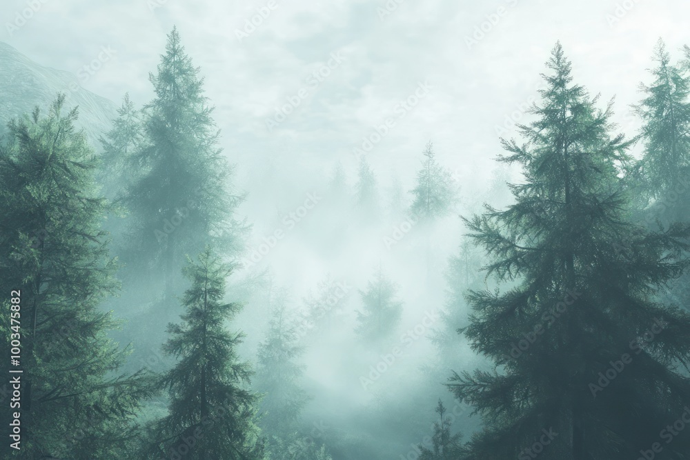 Misty Forest Scene with Evergreen Trees Misty Forest Scene with Evergreen Trees