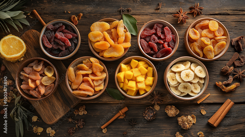 Bowls of dried fruits and candied fruits sitting on wooden table Bowls of dried fruits and candied fruits sitting on wooden table