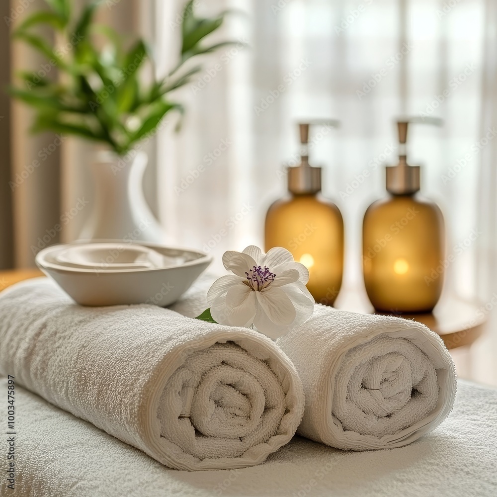 Spa setting with white towels, soap, oil and flowers on the table Spa setting with white towels, soap, oil and flowers on the table