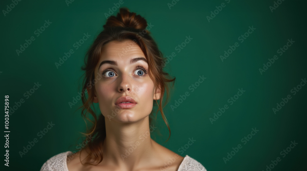 An attractive woman with a wide-eyed expression as if in disbelief or after hearing something shocking. Her hair is worm up in a bun. Isolated against a dark green background. Copy space. An attractive woman with a wide-eyed expression as if in disbelief or after hearing something shocking. Her hair is worm up in a bun. Isolated against a dark green background. Copy space.