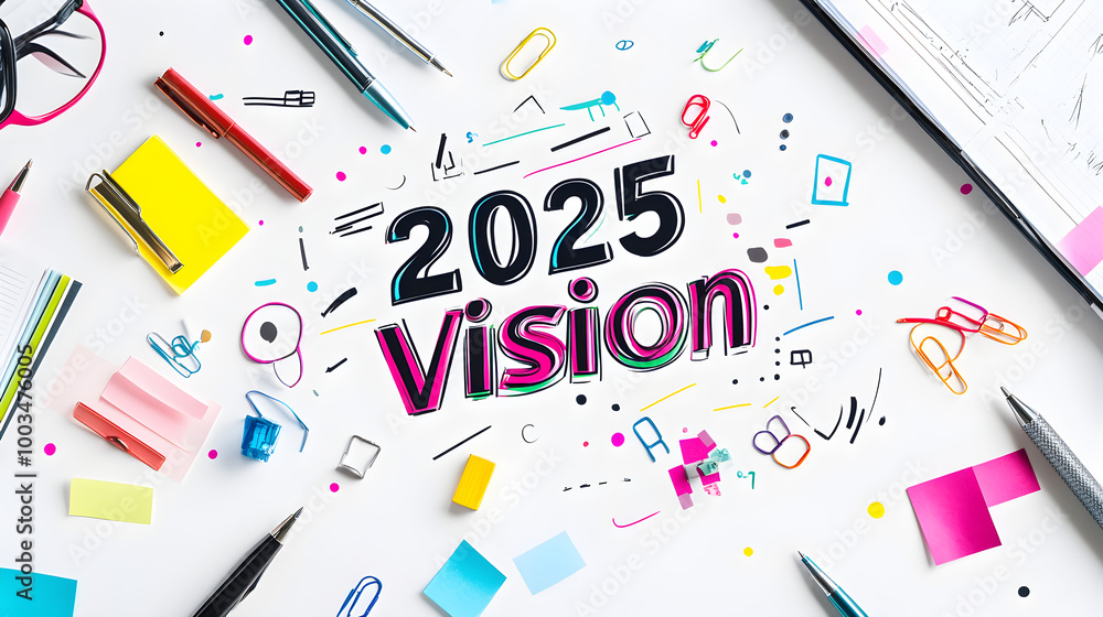A bold, clean design with the text 2025 Vision in the center, with scattered planning tools like pens and notes A bold, clean design with the text 2025 Vision in the center, with scattered planning tools like pens and notes