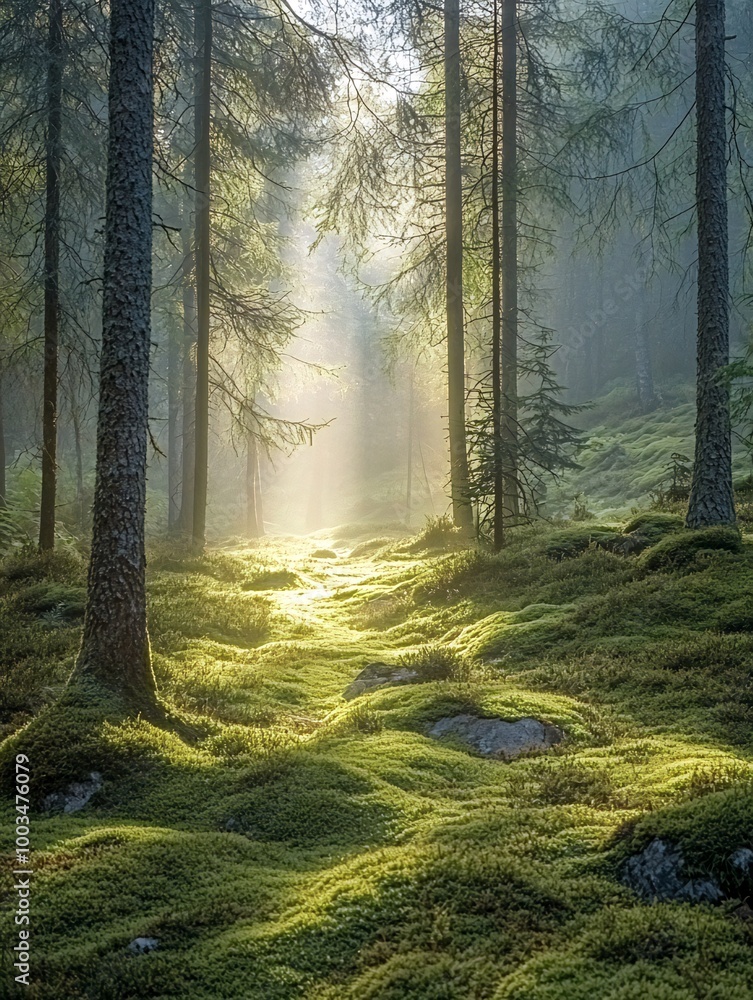 Fototapeta premium Sunbeams illuminate a mossy forest path in a dense evergreen forest.