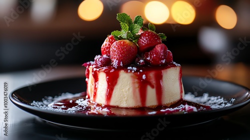 Basque cheesecake served with a side of fresh strawberries and mint, creating a vibrant, refreshing contrast to the rich dessert, Basque cheesecake, fruity dessert pairing